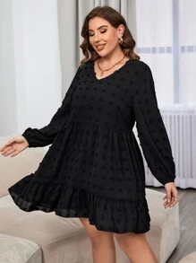 Celure Plus Swiss Dot Ruffle Hem Dress - Black - View 5