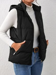 SHEIN Essnce Zip Up Hooded Puffer Vest Coat - Black - View 3