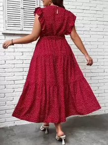 SHEIN Clasi Women Plus Polka Dot Print Butterfly Sleeve Ruffle Hem Belted Dress For New Year, Summer Outfit - Rose Red - View 2