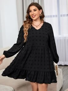 Celure Plus Swiss Dot Ruffle Hem Dress - Black - View 7