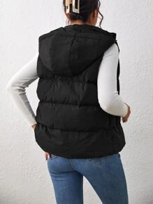 SHEIN Essnce Zip Up Hooded Puffer Vest Coat - Black - View 2