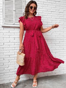 SHEIN Clasi Women Plus Polka Dot Print Butterfly Sleeve Ruffle Hem Belted Dress For New Year, Summer Outfit - Rose Red - View 3