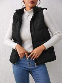 SHEIN Essnce Zip Up Hooded Puffer Vest Coat - Black - View 1