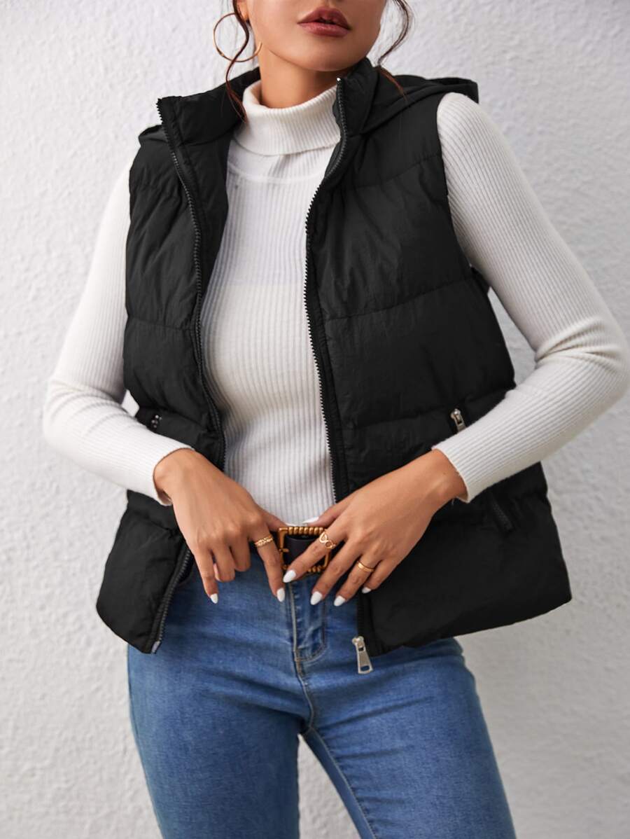SHEIN Essnce Zip Up Hooded Puffer Vest Coat - Black - View 1