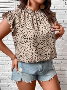 SHEIN Franclia Plus Ditsy Print Ruffle Trim Mock Neck Blouse - Khaki - View 5