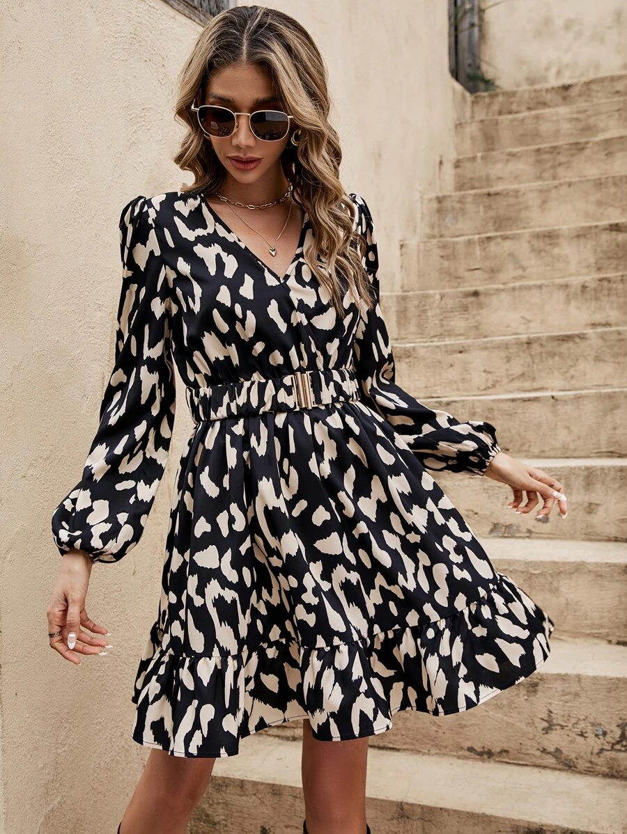 SHEIN Frenchy Allover Print Lantern Sleeve Ruffle Hem Belted Dress Winter Black Black Casual - Black - View 1