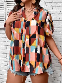 SHEIN LUNE Plus Allover Print Notched Neckline Petal Sleeve Blouse - Multicolor - View 5