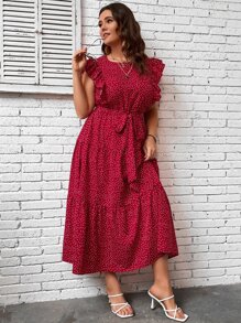 SHEIN Clasi Women Plus Polka Dot Print Butterfly Sleeve Ruffle Hem Belted Dress For New Year, Summer Outfit - Rose Red - View 4