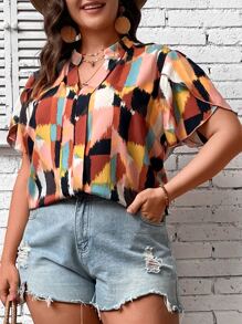 SHEIN LUNE Plus Allover Print Notched Neckline Petal Sleeve Blouse - Multicolor - View 6