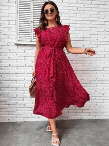 SHEIN Clasi Women Plus Polka Dot Print Butterfly Sleeve Ruffle Hem Belted Dress For New Year, Summer Outfit - Rose Red - View 5