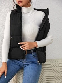 SHEIN Essnce Zip Up Hooded Puffer Vest Coat - Black - View 5