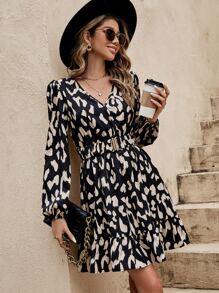 SHEIN Frenchy Allover Print Lantern Sleeve Ruffle Hem Belted Dress Winter Black Black Casual - Black - View 3