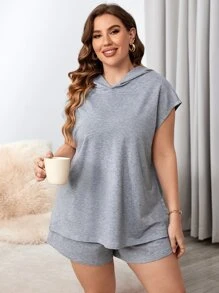 SHEIN LUNE Plus Batwing Sleeve Hooded Top & Shorts - Grey - View 1