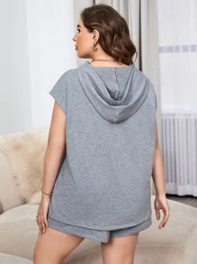 SHEIN LUNE Plus Batwing Sleeve Hooded Top & Shorts - Grey - View 2