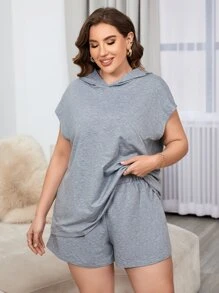 SHEIN LUNE Plus Batwing Sleeve Hooded Top & Shorts - Grey - View 3