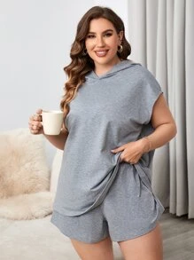 SHEIN LUNE Plus Batwing Sleeve Hooded Top & Shorts - Grey - View 6