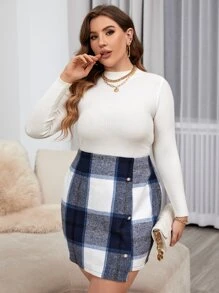 Calvaya Plus Plaid Print Button Front Asymmetrical Hem Skirt - Multicolor - View 3