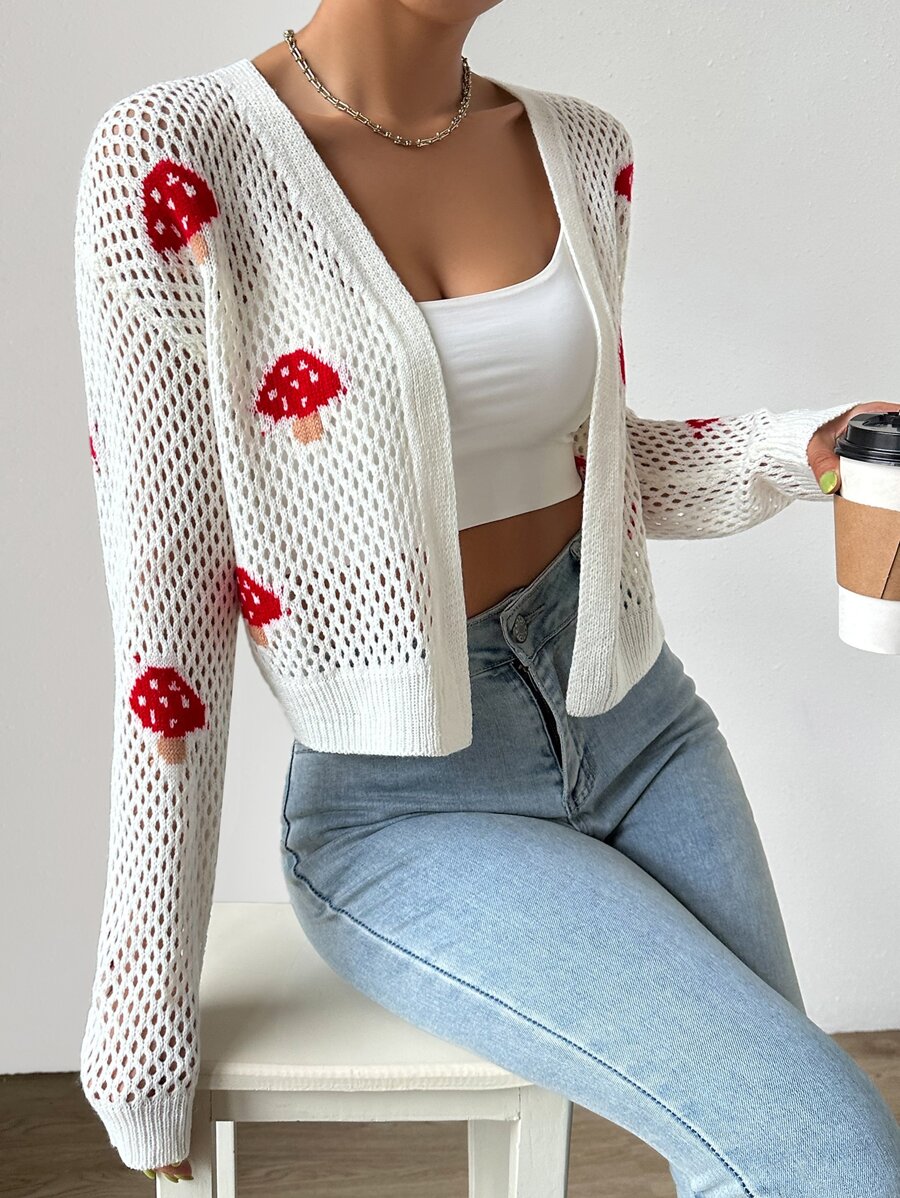 SHEIN Unity Cárdigan de plumero con patrón de seta de hombros caídos tejido abierto - Blanco - Ver 1