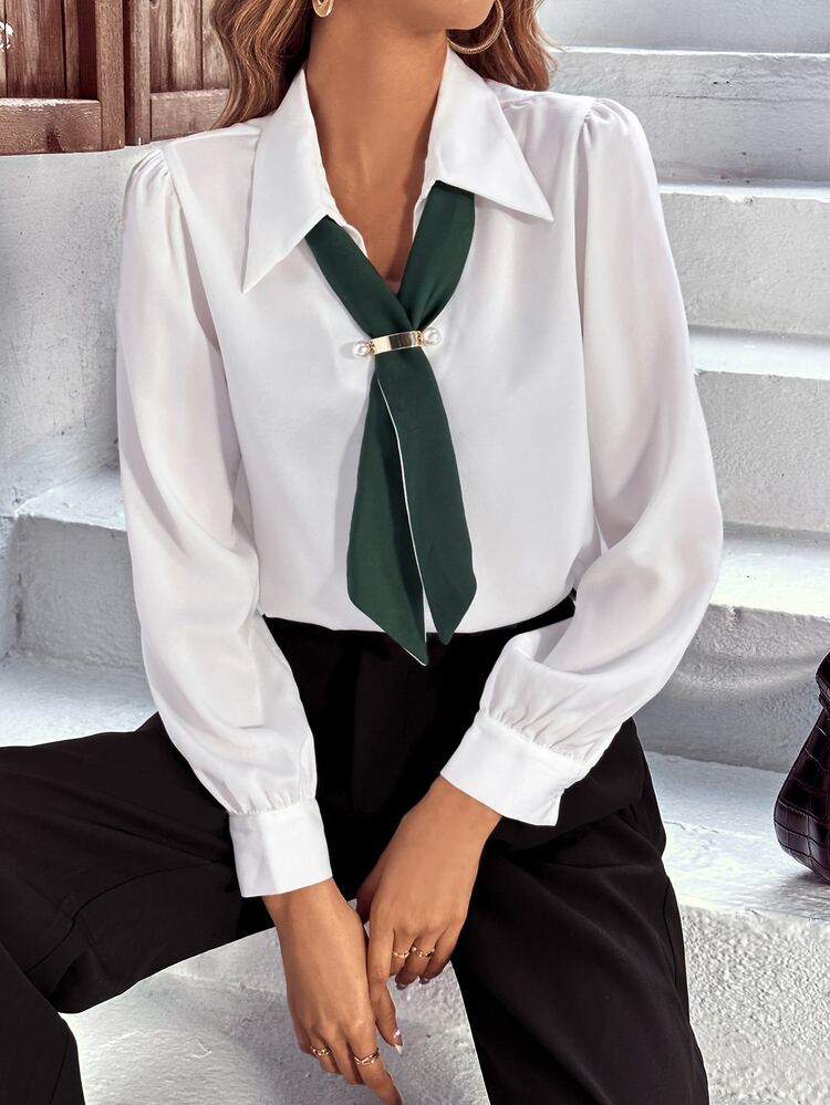 Camisa vinculado con aro de manga farol con corbata - Blanco - Ver 3