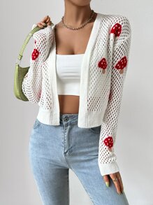 SHEIN Unity Cárdigan de plumero con patrón de seta de hombros caídos tejido abierto - Blanco - Ver 4