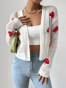SHEIN Unity Cárdigan de plumero con patrón de seta de hombros caídos tejido abierto - Blanco - Ver 5