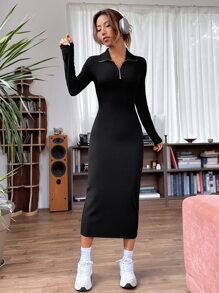 SHEIN EZwear Quarter Zip Ribbed Knit Bodycon Dress - Black - View 3