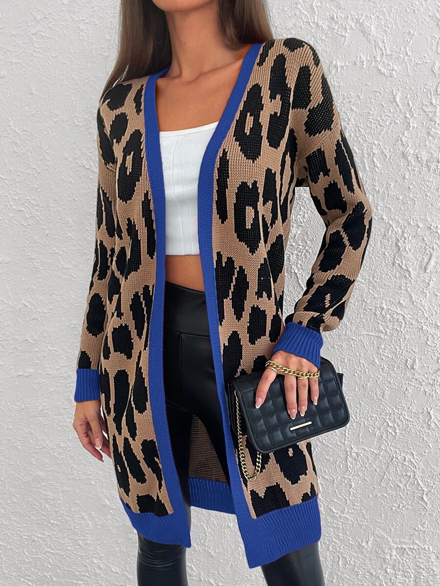 Leopard Pattern Contrast Trim Open Front Cardigan - Mocha Brown - View 1