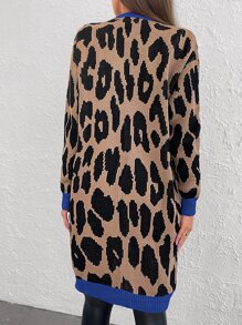 Leopard Pattern Contrast Trim Open Front Cardigan - Mocha Brown - View 2