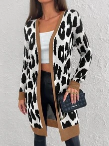RueChic Leopard Pattern Contrast Trim Open Front Cardigan - Black and White - View 1