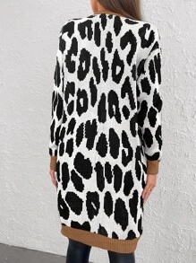 RueChic Leopard Pattern Contrast Trim Open Front Cardigan - Black and White - View 2