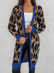 Leopard Pattern Contrast Trim Open Front Cardigan - Mocha Brown - View 3