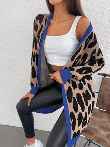 Leopard Pattern Contrast Trim Open Front Cardigan - Mocha Brown - View 4