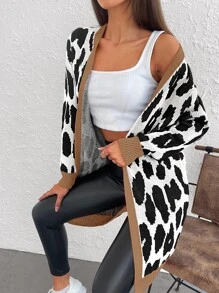 RueChic Leopard Pattern Contrast Trim Open Front Cardigan - Black and White - View 3