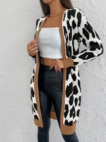 RueChic Leopard Pattern Contrast Trim Open Front Cardigan - Black and White - View 4