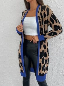 Leopard Pattern Contrast Trim Open Front Cardigan - Mocha Brown - View 5