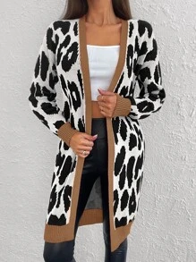 RueChic Leopard Pattern Contrast Trim Open Front Cardigan - Black and White - View 5