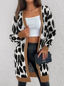 RueChic Leopard Pattern Contrast Trim Open Front Cardigan - Black and White - View 6