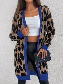 Leopard Pattern Contrast Trim Open Front Cardigan - Mocha Brown - View 6