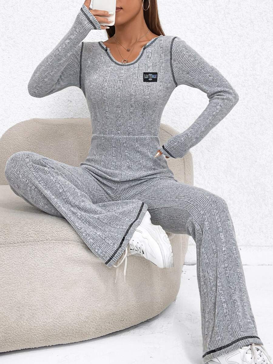 SHEIN EZwear Áo liền quần nữ Đắp vá màu trơn Giải trí - Màu Xám nhạt - Xem 1