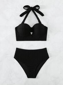 3packs Cut Out Tie Back Push Up High Waist Bikini Set Summer Beach - Black - View 3