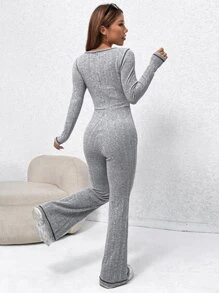 SHEIN EZwear Áo liền quần nữ Đắp vá màu trơn Giải trí - Màu Xám nhạt - Xem 2