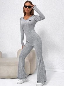SHEIN EZwear Áo liền quần nữ Đắp vá màu trơn Giải trí - Màu Xám nhạt - Xem 3