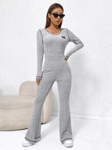 SHEIN EZwear Áo liền quần nữ Đắp vá màu trơn Giải trí - Màu Xám nhạt - Xem 4