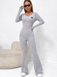 SHEIN EZwear Áo liền quần nữ Đắp vá màu trơn Giải trí - Màu Xám nhạt - Xem 5