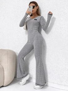 SHEIN EZwear Áo liền quần nữ Đắp vá màu trơn Giải trí - Màu Xám nhạt - Xem 6