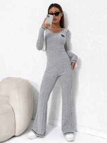 SHEIN EZwear Áo liền quần nữ Đắp vá màu trơn Giải trí - Màu Xám nhạt - Xem 7