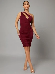 SHEIN SXY 鏤空單肩褶邊緊身連衣裙 - 酒紅色 - 查看 3
