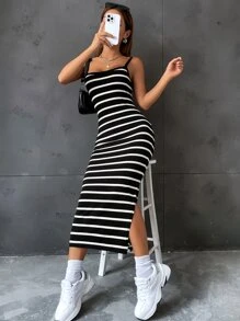 SHEIN EZwear Summer Striped Split Thigh Cami Dress