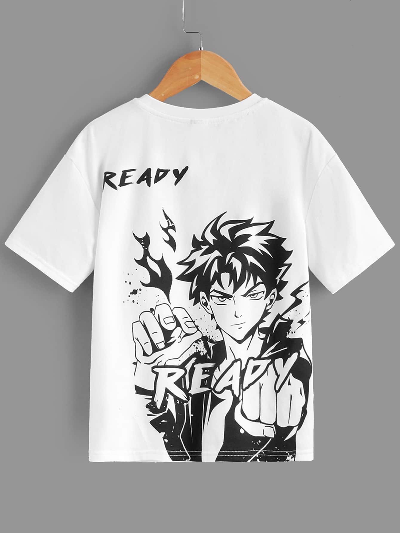 SHEIN 男孩字母任務圖案落肩T恤 - 白色 - 查看 1