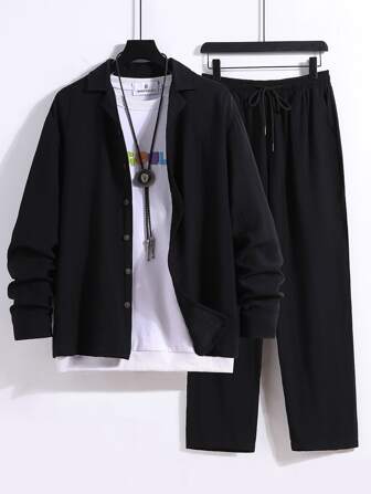 Guys Solid Button Front Shirt & Drawstring Waist Pants Without Tee